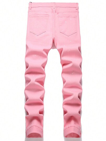 Manfinity LEGND بنطلون جينز بطباعة حبر ممزق مهتري الحواف قماش متصل للرجال