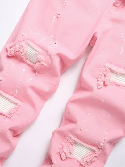 Manfinity LEGND بنطلون جينز بطباعة حبر ممزق مهتري الحواف قماش متصل للرجال