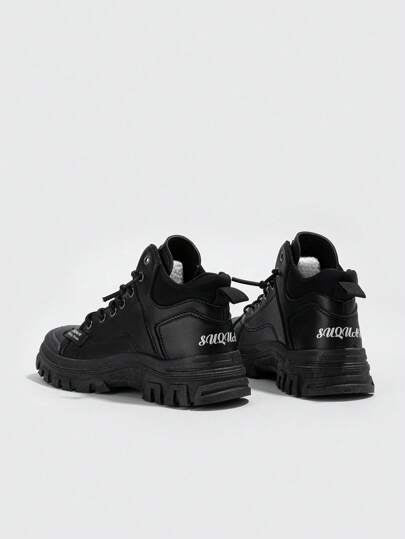 حذاء رياضي خارجي باصابع قدم دائري أسود رباط عالي القمة جلد نعل سميك مقاومة للاهتراء كاجوال