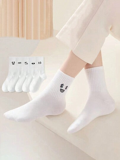 جوارب بارزة فكاهية لوجو الوجه الأبيض للرجال والنساء 5أزواج/طقم، جوارب للثنائيات للإطلالات العادية، الطلاب، الخريف والشتاء