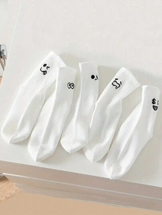 جوارب بارزة فكاهية لوجو الوجه الأبيض للرجال والنساء 5أزواج/طقم، جوارب للثنائيات للإطلالات العادية، الطلاب، الخريف والشتاء