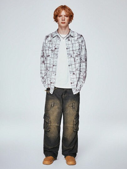 ROMWE MEN Grunge Punk جينز فضفاض غير رسمي مع تصميم جيب مزيف للرجال، للمدرسة