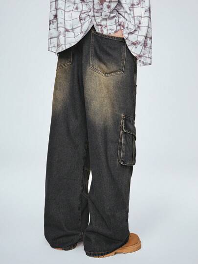 ROMWE MEN Grunge Punk جينز فضفاض غير رسمي مع تصميم جيب مزيف للرجال، للمدرسة