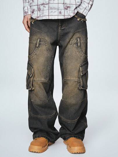 ROMWE MEN Grunge Punk جينز فضفاض غير رسمي مع تصميم جيب مزيف للرجال، للمدرسة