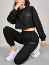 SHEIN EZwear طقم بنطلون رياضي مع بلوفر بطباعة أحرف منخفض الاكتاف