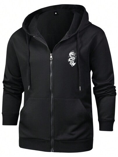 سترة رجالية للخريف والشتاء بتصميم أمريكي محبوك ونقش تنين على الجيب، مع سحّاب ورباط عصريات متقاطعة مع قبّعة للرياضة والترفيه