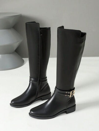 الأحذية الطويلة النسائية المريحة ذات الكعب السميك والرأس المستدير، بوت جزمة مصممة للتنانير المحكمة، زيبر جانبي وحزام معدني كديكور، لارتداء مع السترة ، للاستخدام الشتوي