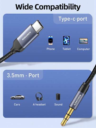 Rocoren محول صوت روكورن USB C إلى 3.5 ملم مهيأ للصوت Hi-Fi ستيريو نوع C إلى كابل سماعة رأس رجالي مساعد للسيارة متوافق مع 15 Pro Max / 15 Pro / 15 Plus، لهاتف سامسونج Galaxy S23 Ultra IPad Pro Air Pixel 7