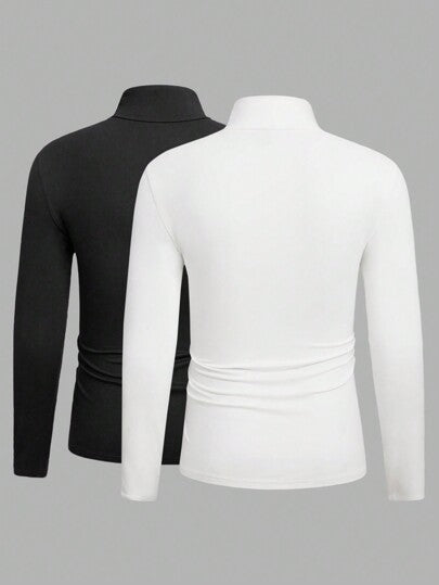 Manfinity VCAY قميص رجالي قطع عنق بياقة عالية، بأكمام طويلة وأحادي اللون، لارتداء الخروج، للأصدقاء، للصيف