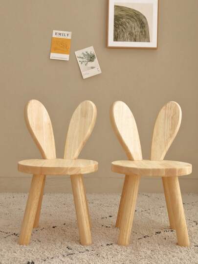 1 قطعة من المقعد الخشبي الصغير الإبداعي بتصميم ذو أذني أرنب لتغيير الأحذية مناسب للأطفال، لمدخل المنزل. باللون الطبيعي وبأسلوب ناشري الحداثة