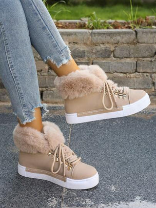 بوت نسائية شتوية بنعل سميك ذات كعب عريض ومنتصف الساق، مزينة بطوق من الفرو وتصميم فم النمر بنظام كشكشة، نعل مطاطي، مناسبة للارتداء اليومي، الأنشطة الخارجية في الثلج، الملابس المكتبية، مريحة ودافئة، بوت شتوية بيج عصرية للخريف/الشتاء