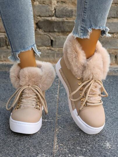 بوت نسائية شتوية بنعل سميك ذات كعب عريض ومنتصف الساق، مزينة بطوق من الفرو وتصميم فم النمر بنظام كشكشة، نعل مطاطي، مناسبة للارتداء اليومي، الأنشطة الخارجية في الثلج، الملابس المكتبية، مريحة ودافئة، بوت شتوية بيج عصرية للخريف/الشتاء