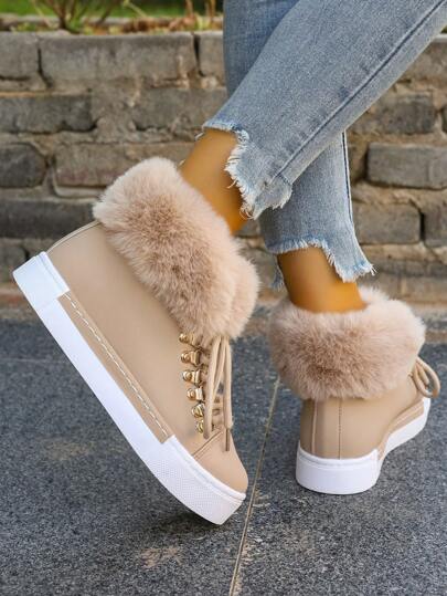 بوت نسائية شتوية بنعل سميك ذات كعب عريض ومنتصف الساق، مزينة بطوق من الفرو وتصميم فم النمر بنظام كشكشة، نعل مطاطي، مناسبة للارتداء اليومي، الأنشطة الخارجية في الثلج، الملابس المكتبية، مريحة ودافئة، بوت شتوية بيج عصرية للخريف/الشتاء