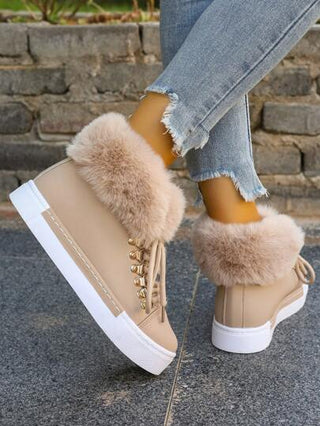 بوت نسائية شتوية بنعل سميك ذات كعب عريض ومنتصف الساق، مزينة بطوق من الفرو وتصميم فم النمر بنظام كشكشة، نعل مطاطي، مناسبة للارتداء اليومي، الأنشطة الخارجية في الثلج، الملابس المكتبية، مريحة ودافئة، بوت شتوية بيج عصرية للخريف/الشتاء