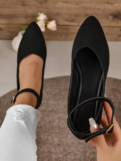 حذاء نسائي مسطح أنيق بإبزيم أسود اللون بمقدمة مدببة، حذاء مسطح بحزام الكاحل للربيع والخريف من جلد الغزال الصناعي الأسودرمضان