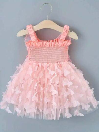 فساتين بيبي فستان وردي من التول شبكي على شكل فراشة ثلاثي الأبعاد للفتيات الصغيرات مع أشرطة كتف للصيف