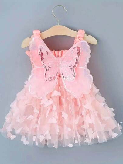 فساتين بيبي فستان وردي من التول شبكي على شكل فراشة ثلاثي الأبعاد للفتيات الصغيرات مع أشرطة كتف للصيف