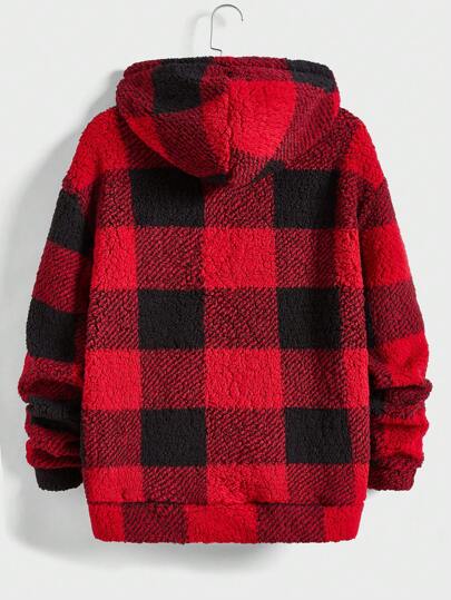 Manfinity ModaGents جاكيت كنز رجالي خريفي/شتوي بسحاب وقلنسوة، مطبوع عليه رقعة بالأحرف، بطانة من القماش الشعري، متسع المقاس، كاجوال