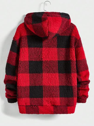 Manfinity ModaGents جاكيت كنز رجالي خريفي/شتوي بسحاب وقلنسوة، مطبوع عليه رقعة بالأحرف، بطانة من القماش الشعري، متسع المقاس، كاجوال