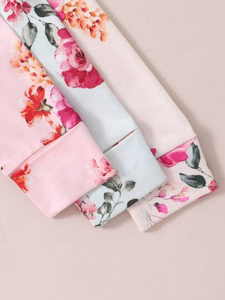 SHEIN 3قطع رومبير من قطعة واحدة مطبعة بالورود مع سوستة على شكل Y للأطفال الرضع البنات، ملابس بنات رضع، ملابس بنات رضع بطبعة الأزهار، بيجاما للرضّع بنات حديثي الولادة