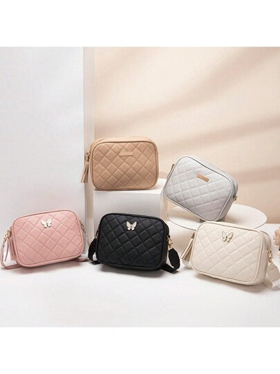 حقيبة كروسبودي مربعة مبطنة، محفظة مزينة بسحاب معدني كلاسيكي، حقيبة كتف من جلد اصطناعي