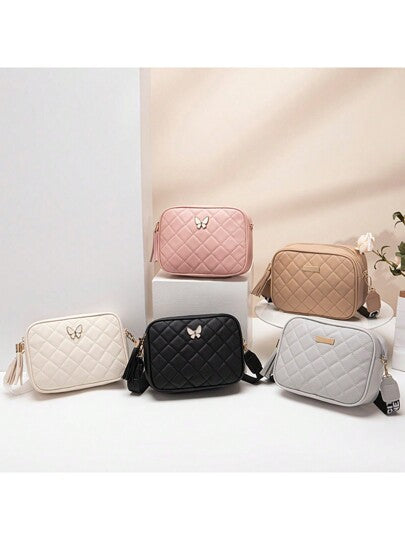 حقيبة كروسبودي مربعة مبطنة، محفظة مزينة بسحاب معدني كلاسيكي، حقيبة كتف من جلد اصطناعي