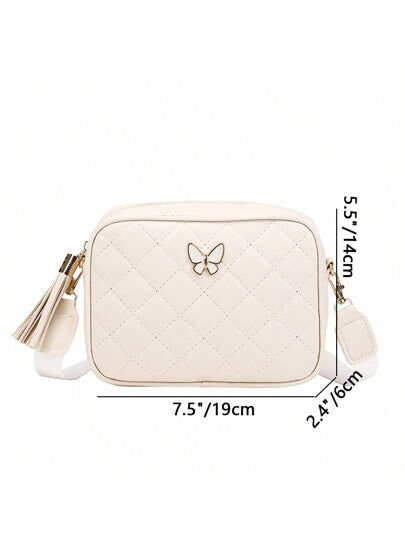 حقيبة كروسبودي مربعة مبطنة، محفظة مزينة بسحاب معدني كلاسيكي، حقيبة كتف من جلد اصطناعي