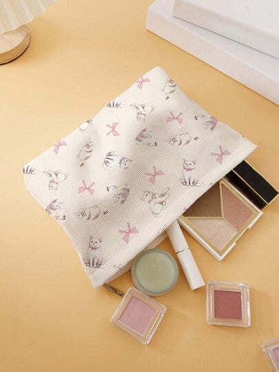 ROMWE Kawaii حقيبة مستحضرات تجميل مخملية مطبوعة على الوجهين بنمط قطة مرسومة يدويًا