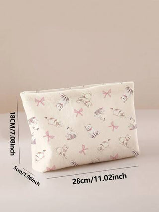 ROMWE Kawaii حقيبة مستحضرات تجميل مخملية مطبوعة على الوجهين بنمط قطة مرسومة يدويًا