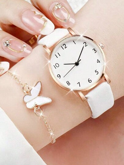 6 قطع أنيقة وجميلة لفتاة ساعة جلدية رقمية كوارتز، مع قلادة فراشة، سوار، أقراط، خاتم، هدية لصديقة العيد, ديكور عيد الميلاد, هدية مدرسية