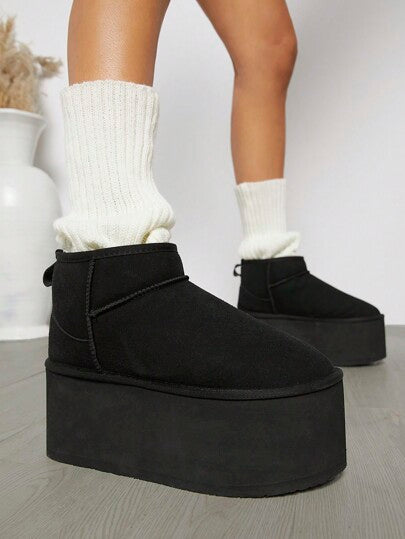 SHUZIA أحذية نسائية مريحة دافئة ومريحة ذات أصابع مستديرة، ذات نعل سميك إضافي، لطيف، خارجي من الغزال الاصطناعي باللون الأسود