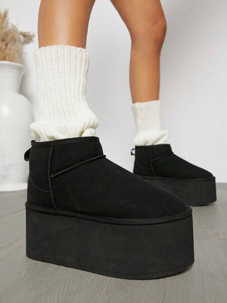 SHUZIA أحذية نسائية مريحة دافئة ومريحة ذات أصابع مستديرة، ذات نعل سميك إضافي، لطيف، خارجي من الغزال الاصطناعي باللون الأسود