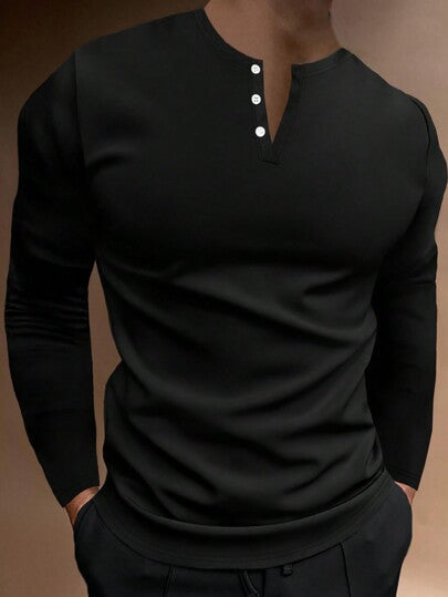 Manfinity Homme تي شيرت رجالي ذو أزرار أمامية بأكمام طويلة هينلي موضة الربيع، كاجوال