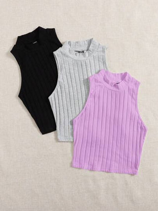 EZwear 3 حبات من القمصان الداخلية الصيفية برقبة عالية وحياكة ريب للنساء