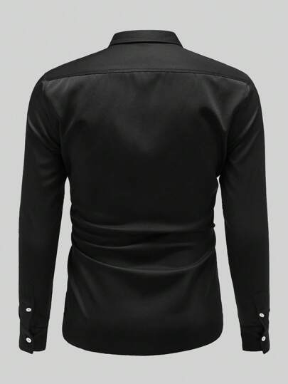 NITAGUT قميص أزرار طويل الأكمام أحادي اللون للرجال