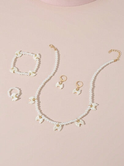 مجموعة مكونة من 5قطع: قلادة فراشة لولو، سوار، أقراط،2خاتم للفتيات المراهقات
