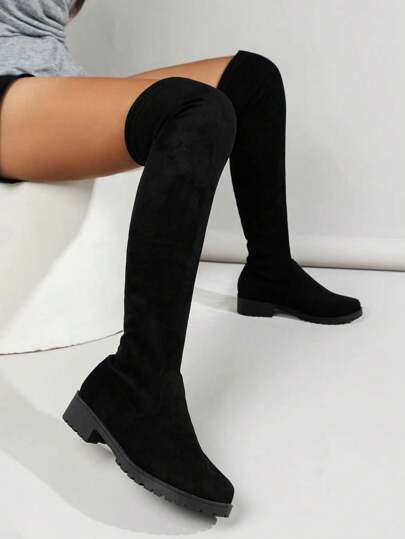 بنطلون رياضي منسق الموضة، بوت جديدة للنساء خريف/شتاء 2024 ذات كعب سميك منخفض بفتحة مربعة، ذات سحاب خصر طويلة للركبة، مطاطية