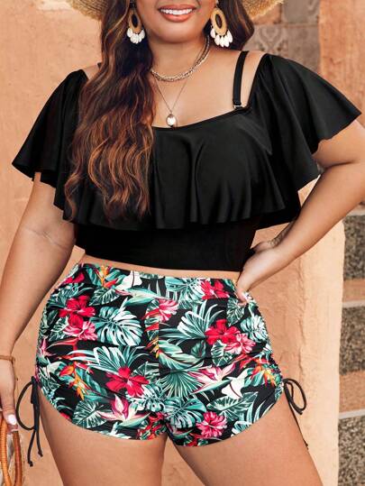 Swim Lushoire بيكيني نسائي بقياس كبير مع بطبعة استوائية بنمط سترة