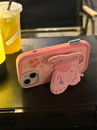 غطاء وقاية بشكل وردي ناعم على شكل فراشة ثلاثية الأبعاد ، مع حامل ، متوافق مع أيفون 14 / 12 برو ماكس / 11 / 13 سليكون (للنساء) ، متوافق مع أيفون 15/15 بلس/15 برو/15 برو ماكس ، كاواييي