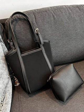 حقيبة يد للنساء كلاسيكية بلون صلب مع تفاصيل منسوجة على شكل 2قطعة حقيبة كتف وحقيبة مسكة يد , حقيبة كبيرة السعة خفيفة الوزن وبأسلوب أنيق للعمل والسفر اليومي، حقيبة سفر منظمة من الداخل، حقيبة موضة Pu جلدية يمكن حملها على الكتف وتستخدم كحقيبة عمل.