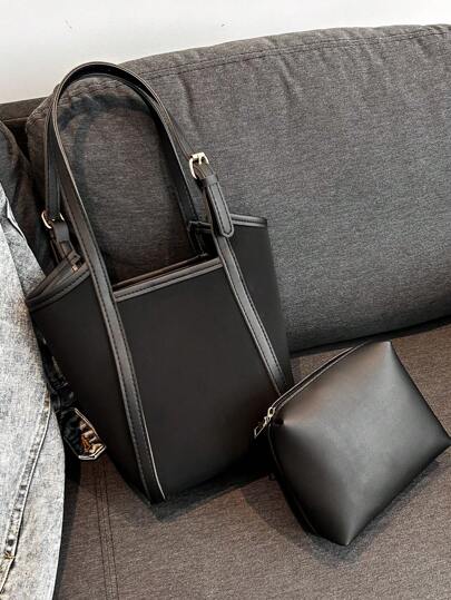 حقيبة يد للنساء كلاسيكية بلون صلب مع تفاصيل منسوجة على شكل 2قطعة حقيبة كتف وحقيبة مسكة يد , حقيبة كبيرة السعة خفيفة الوزن وبأسلوب أنيق للعمل والسفر اليومي، حقيبة سفر منظمة من الداخل، حقيبة موضة Pu جلدية يمكن حملها على الكتف وتستخدم كحقيبة عمل.