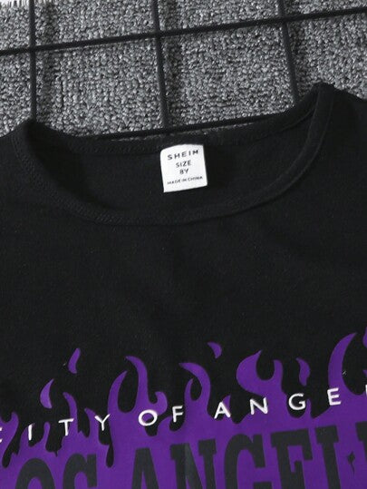 SHEIN ولد طفل بطباعة أحرف تي شيرت & مقلم مخطط بنطلون قصير