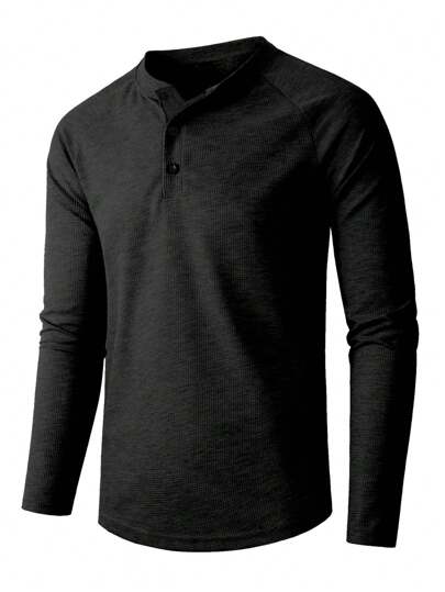 Manfinity Homme تي شيرت رجالي أحادي اللون نصف أزرار، خريفي