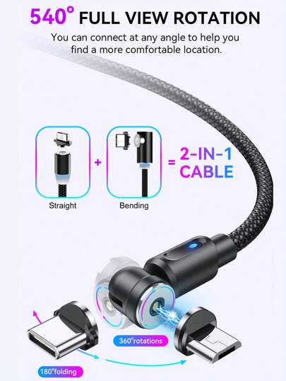 كابل شحن مغناطيسي قابل للدوران 540 درجة ، (1 كابل+2 رأس) كابل شحن نايلون 2 في 1، شاحن USB-A إلى Type-C/Micro سريع التزامن 2.4 أمبير، متوافق مع هواتف Galaxy S23/S22/S8 S9 S10 Note 9 Note 10, V30 V40 V50, Moto G8 G7(أسود)، متوافق مع هواتف 16, 16 Pro Max, 15