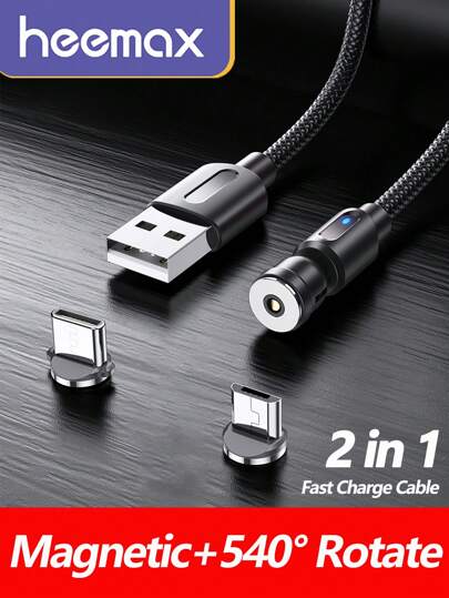 كابل شحن مغناطيسي قابل للدوران 540 درجة ، (1 كابل+2 رأس) كابل شحن نايلون 2 في 1، شاحن USB-A إلى Type-C/Micro سريع التزامن 2.4 أمبير، متوافق مع هواتف Galaxy S23/S22/S8 S9 S10 Note 9 Note 10, V30 V40 V50, Moto G8 G7(أسود)، متوافق مع هواتف 16, 16 Pro Max, 15