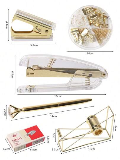 طقم حزمة ذهبي اللون 6 قطع يشمل: 1 مقرطس، 1 كماشة إخراج مشابك، 1 قلم بخرز، 1 شريط لاصق، 1 علبة مشابك، 1 أداة قرطاسية إبداعية للتجليد السهل، متعدد الاستخدام وبطراز بسيط، مثالي للاستخدام في المكتب والطلاب في بداية العام الدراسي