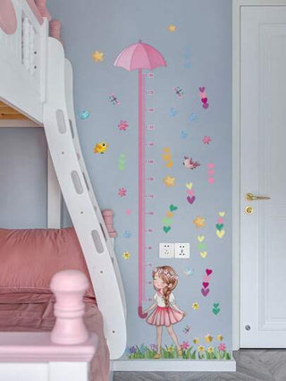 مجموعة من قطعتين مقياس لقياس الطول ذاتي اللصق بصورة فتاة وردية مع مظلة لغرفة المعيشة وغرفة النوم ، ملصقات الحائط ، ديكور للجدران ، ملصقات فينيل لديكور المنزل ، عناصر ديكور الربيع لإنعاش منزلك ، ملصقات الديكور