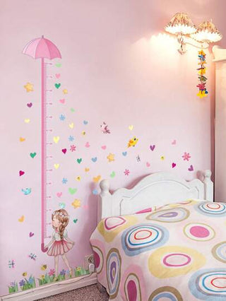 مجموعة من قطعتين مقياس لقياس الطول ذاتي اللصق بصورة فتاة وردية مع مظلة لغرفة المعيشة وغرفة النوم ، ملصقات الحائط ، ديكور للجدران ، ملصقات فينيل لديكور المنزل ، عناصر ديكور الربيع لإنعاش منزلك ، ملصقات الديكور