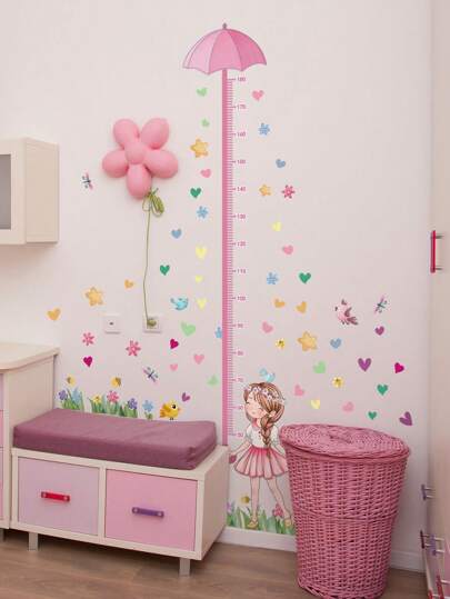مجموعة من قطعتين مقياس لقياس الطول ذاتي اللصق بصورة فتاة وردية مع مظلة لغرفة المعيشة وغرفة النوم ، ملصقات الحائط ، ديكور للجدران ، ملصقات فينيل لديكور المنزل ، عناصر ديكور الربيع لإنعاش منزلك ، ملصقات الديكور