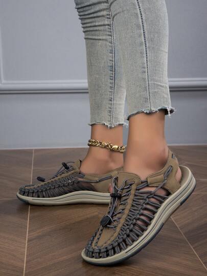 صنادل صيفية منسوجة يدويًا متعددة الألوان للجنسين، أحذية كاجوال عصرية ومريحة، أحذية شاطئ مغلقة من الأمام ومفرغة من الخلف